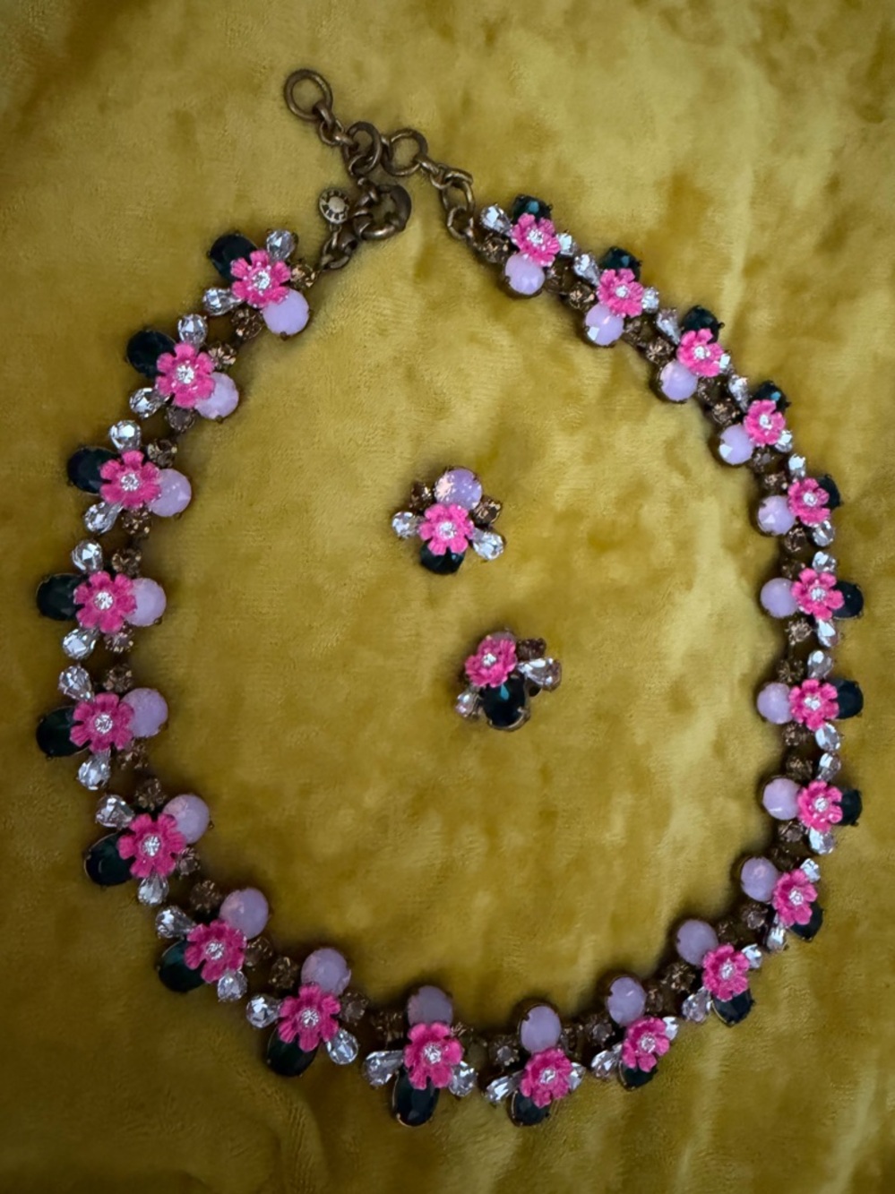 J.Crew Floral Crystal Statement Necklace & Stud Earrings Pink & Emerald Green